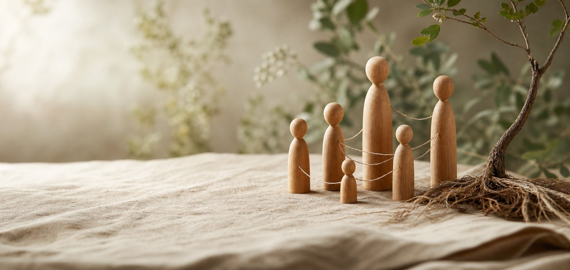 Figuras de madera conectadas junto a las raíces de un árbol