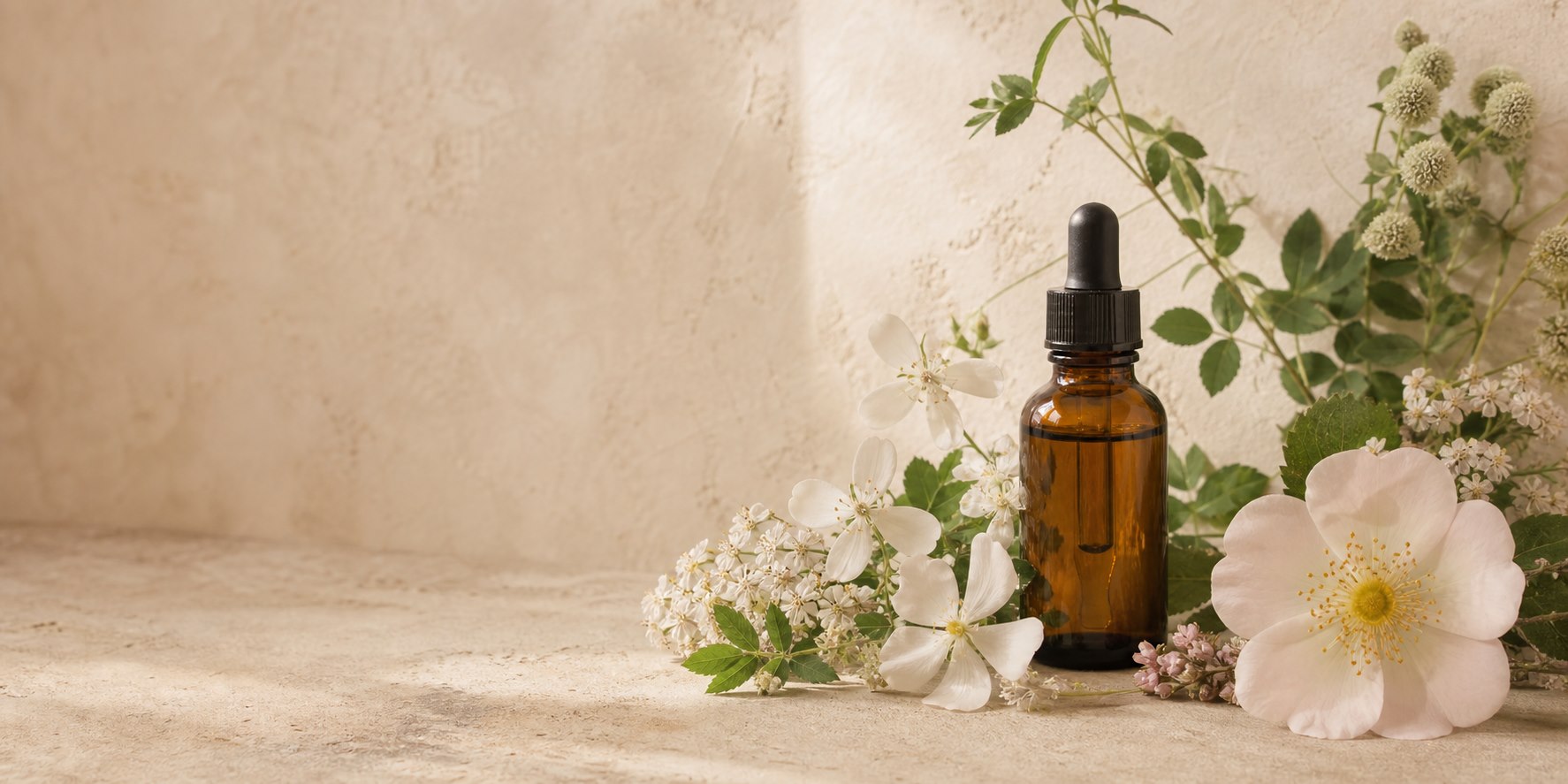 Frasco de Flores de Bach rodeado de flores silvestres