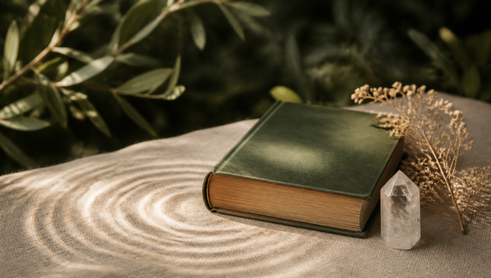 Libro, cuarzo y luz simbólica para una lectura de Registros Akáshicos